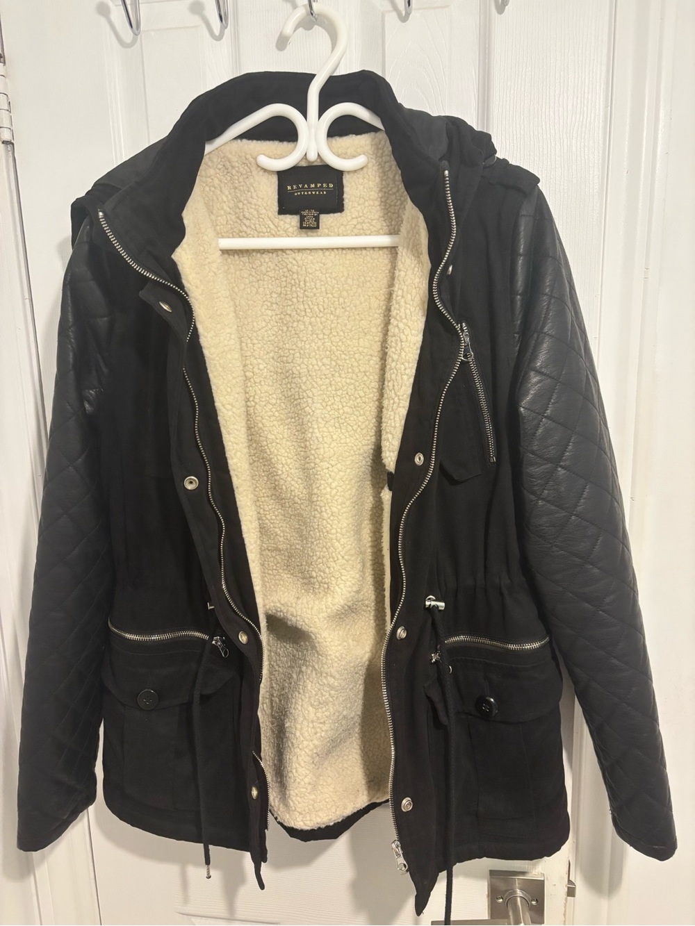 Black Quilted-Sleeve Sherpa-Lined Parka